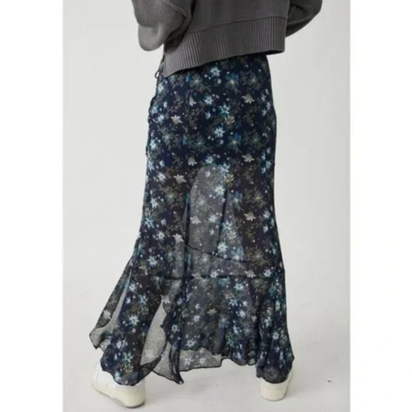 Free People Femme Edge Maxi Skirt Indigo Blue Floral Size 6 - Picture 5 of 10